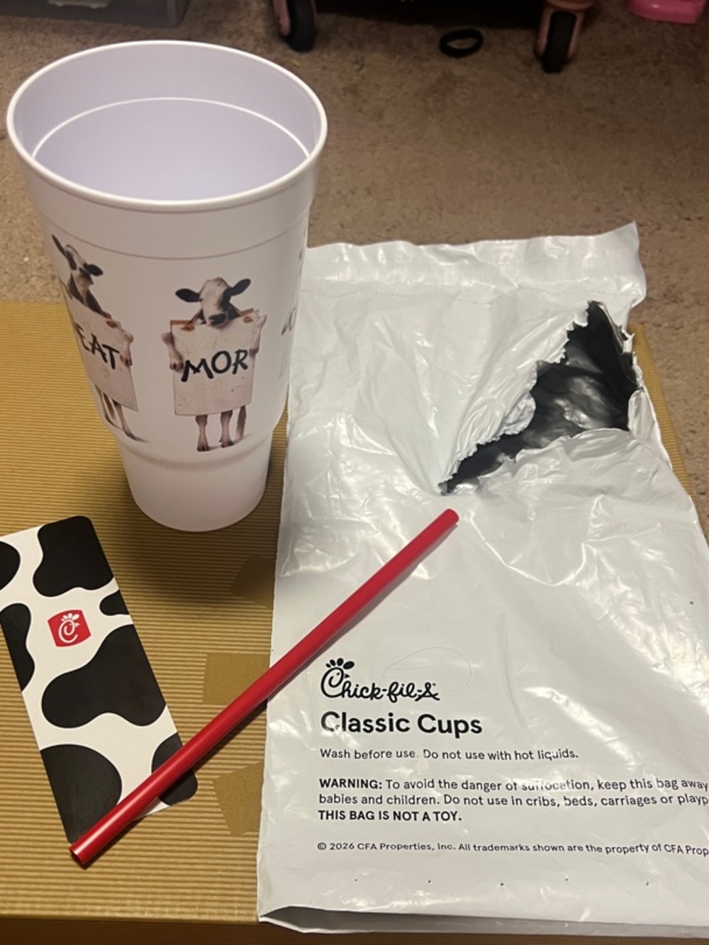 Chick-fil-A White Cow Print Classic Cup with Red Straw